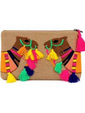 America & Beyond A815 Boho Embroidered Tassel Clutch Multicolor Woven Bag